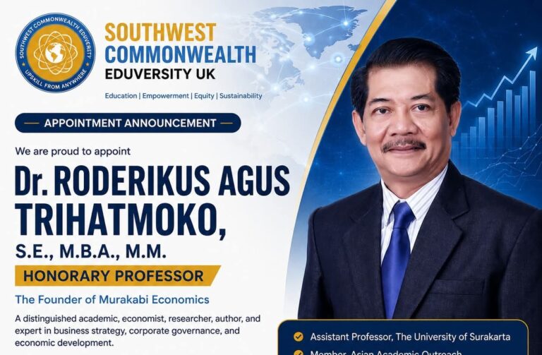 Pencetus Ekonomi Murakabi R Agus Trihatmoko Terima Gelar Profesor Kehormatan SWCW United Kingdom