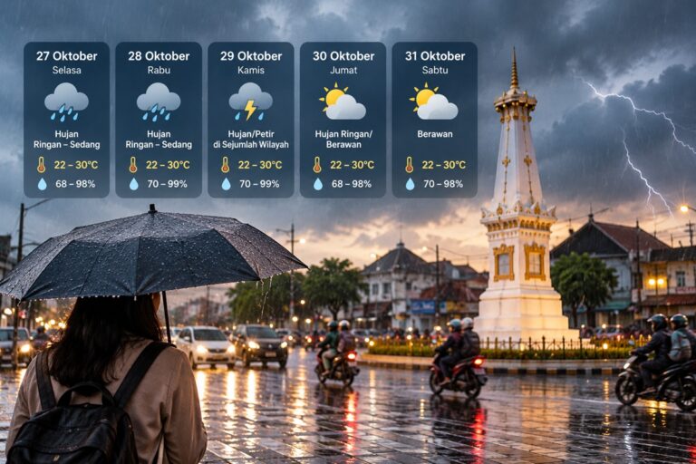 Prakiraan Cuaca DIY 27–31 Oktober 2026, Waspadai Hujan dan Potensi Petir di Sejumlah Wilayah